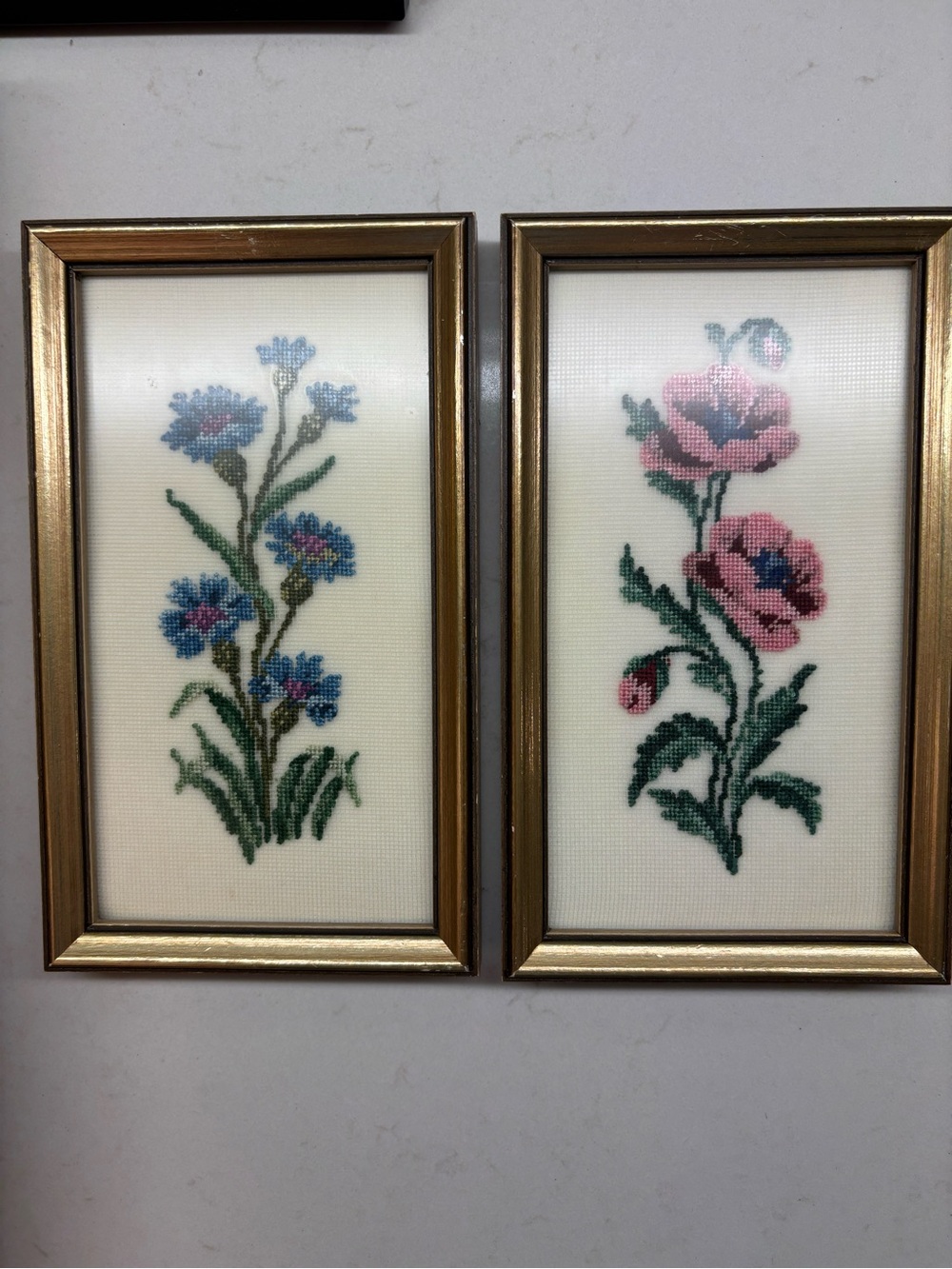 Framed Floral Cross-Stitch Wall Art - Pink & Blue